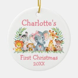 Baby First Christmas Safari Tiere Pink Bow Keramik Ornament
