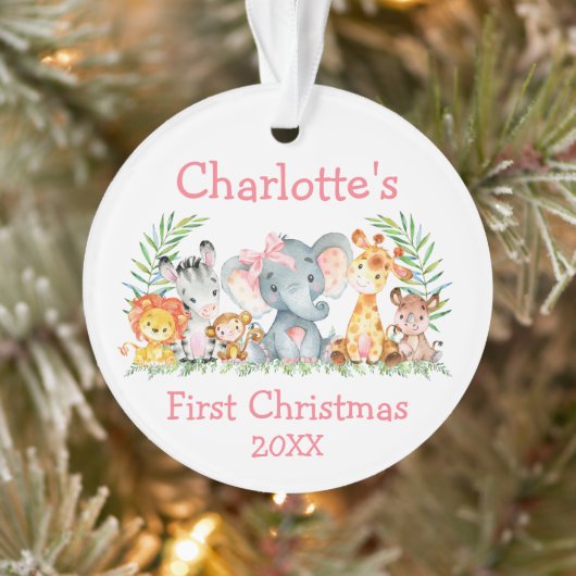 Baby First Christmas Safari Tiere Pink Bow Ornament (Baum)