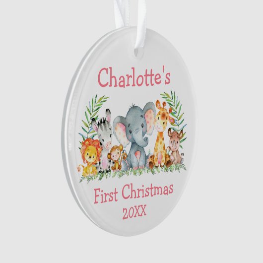 Baby First Christmas Safari Tiere Rosa Runde Ornament (Vorderseite)