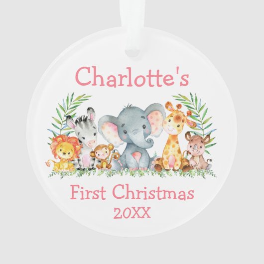 Baby First Christmas Safari Tiere Rosa Runde Ornament (Rückseite)