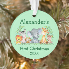 Baby First Christmas Safari Tiere Runde Green Ornament
