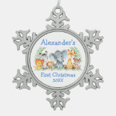 Baby First Christmas Safari Tiere Schneeflocken Zinn-Ornament (Vorderseite)