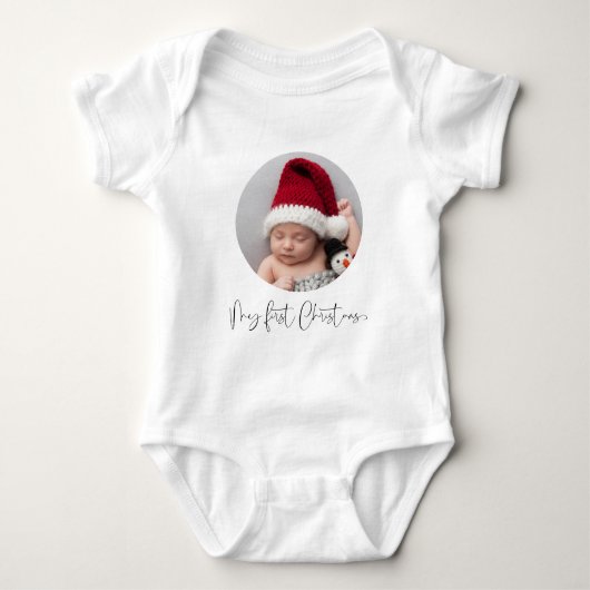 Baby First Christmas Script Custom Circle Foto Baby Strampler (Vorderseite)