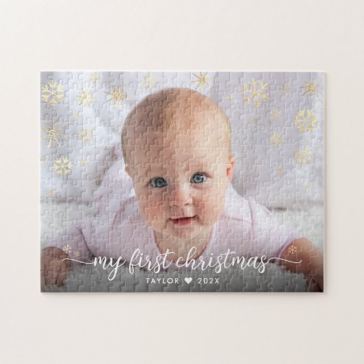 Baby First Christmas Script Gold Snowflake Foto Puzzle (Horizontal)