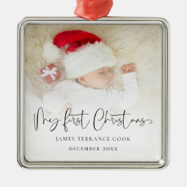 Baby First Christmas Script Name Foto Overlay Ornament Aus Metall