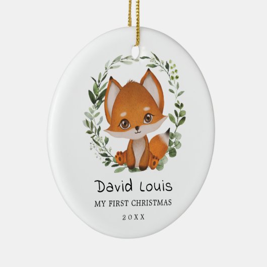 Baby First Christmas Sweet Fox Grünfläche Wreath Keramik Ornament (Rechts)