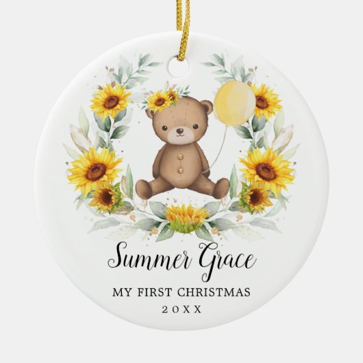 Baby First Christmas Teddy Bär Sonnenblumenkranz Keramik Ornament (Vorne)