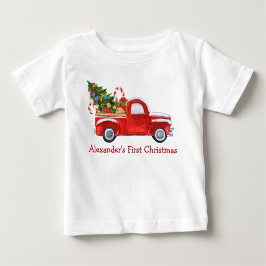 Baby First Christmas Truck Candy Canes Red Baby T-shirt (Vorderseite)