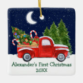 Baby First Christmas Truck Forest Stars Keramikornament (Vorderseite)