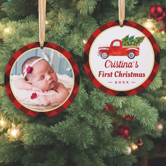 Baby First Christmas Truck Rotes Kariertes Foto Ornament