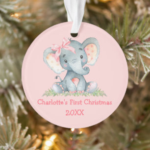 Baby First Christmas Wassercolor Pink Bow Elephant Ornament