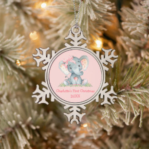 Baby First Christmas Wassercolor Pink Bow Elephant Schneeflocken Zinn-Ornament