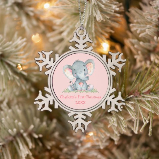 Baby First Christmas Wasserfarbe Elephant Pink Schneeflocken Zinn-Ornament (Baum)