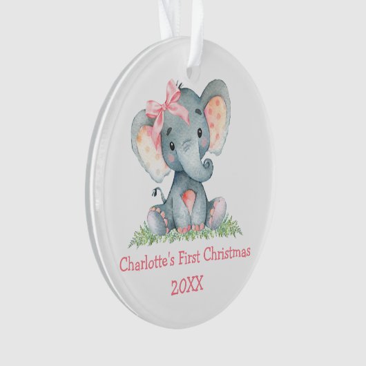 Baby First Christmas Wasserfarbe Rosa Elephant Bow Ornament (Vorderseite)