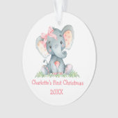 Baby First Christmas Wasserfarbe Rosa Elephant Bow Ornament (Vorderseite)