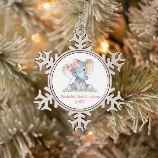 Baby First Christmas Wasserfarbe Rosa Elephant Bow Schneeflocken Zinn-Ornament (Baum)