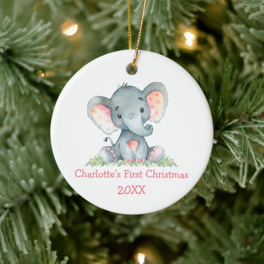 Baby First Christmas Wasserfarbe Rosa Elephant Keramik Ornament (Baum)
