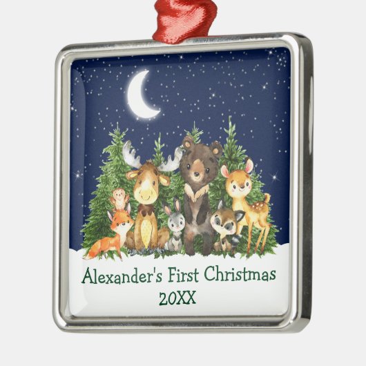 Baby First Christmas Wasserfarbenwaldtiere Ornament Aus Metall (Links)