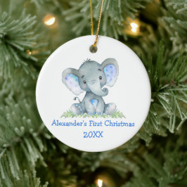 Baby First Christmas Watercolor Blue Elephant Keramik Ornament