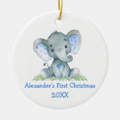 Baby First Christmas Watercolor Blue Elephant Keramik Ornament (Vorne)