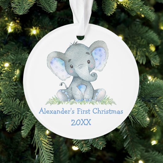 Baby First Christmas Watercolor Blue Elephant Ornament