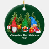 Baby First Christmas Watercolor Gnomes Green Keramik Ornament (Hinten)