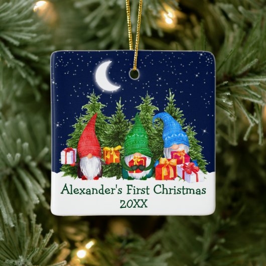 Baby First Christmas Watercolor Gnomes Sky Trees Keramikornament (Baum)