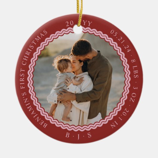 Baby First Christmas Wavy Modernes Minimal 2 Foto Keramik Ornament (Vorne)