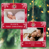 Baby First Christmas White Snowflakes 2 Foto Rot Keramikornament