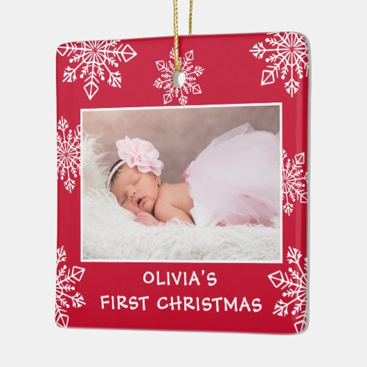 Baby First Christmas White Snowflakes 2 Foto Rot Keramikornament (Links)