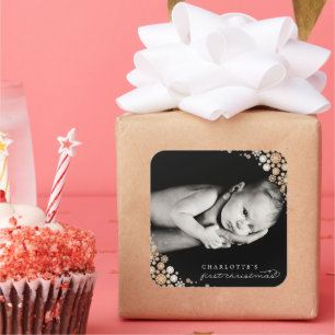 Baby First Christmas Winter Snowflakes Foto Birth Quadratischer Aufkleber