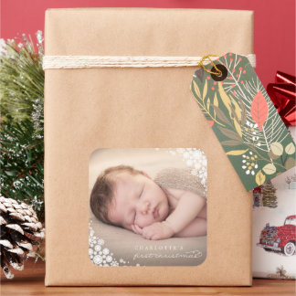 Baby First Christmas Winter Snowflakes Foto Birth Quadratischer Aufkleber