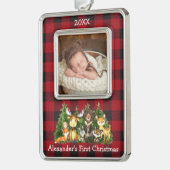 Baby First Christmas Woodland Tiere Foto Kariert Rahmen-Ornament Silber (Links)
