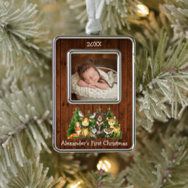 Baby First Christmas Woodland Tiere Foto Rustic Rahmen-Ornament Silber