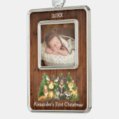 Baby First Christmas Woodland Tiere Foto Rustic Rahmen-Ornament Silber (Links)