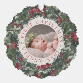 Baby First Christmas Wreath Red Holiday Foto Ornament Karte (Vorderseite)