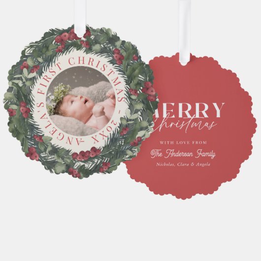 Baby First Christmas Wreath Red Holiday Foto Ornament Karte (Vorderseite/Rückseite)