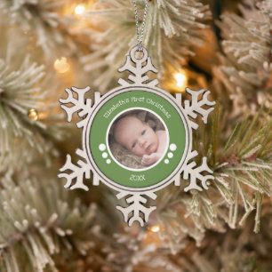 Baby First Foto Jahr grün Schneeflocken Zinn-Ornament
