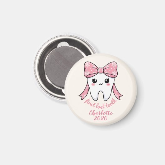 Baby First Tooth Pink Bow Milestone Kawaii Tooth Magnet (Vorderseite/Rückseite)