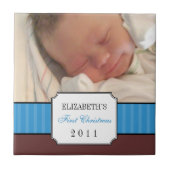 Baby First Weihnachten blaue Band Strip Keepake Fliese (Vorderseite)