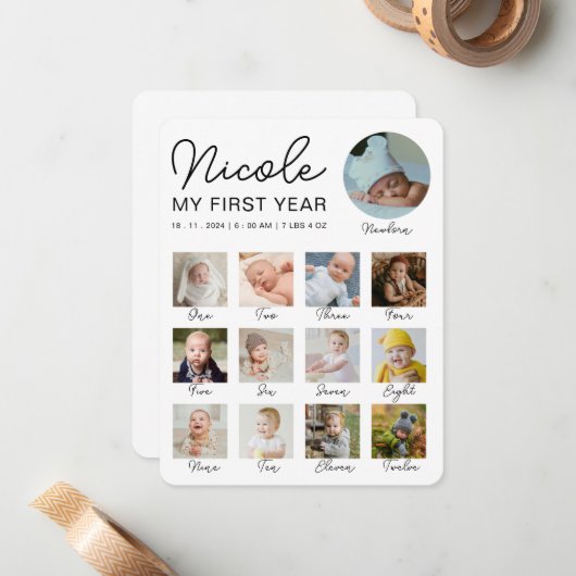 Baby First Year 12 Monate Foto Collage Modern Mitteilungskarte (Vorderseite/Rückseite Beispiel)
