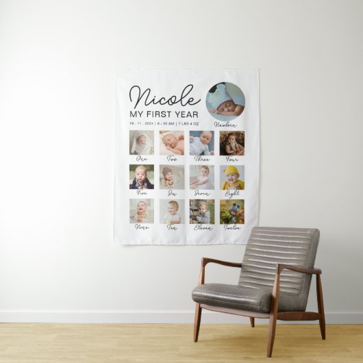 Baby First Year 12 Monate Foto Collage Modern Wandteppich (Beispiel)