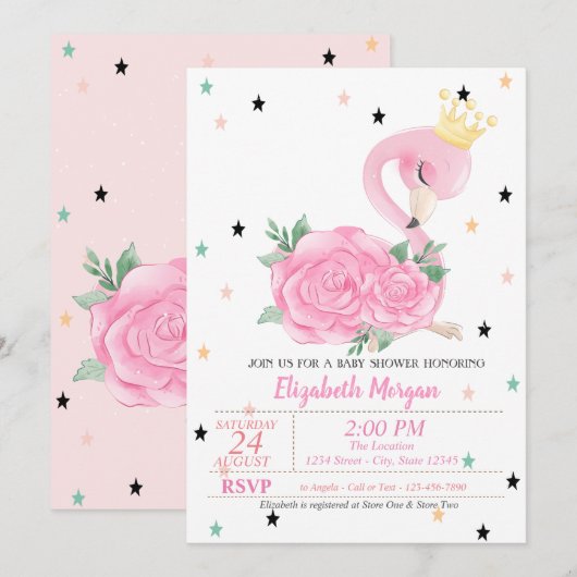 Baby Flamingo, Stars, Princess Baby Dusche Einladung (Vorne/Hinten)