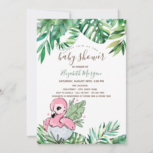Baby Flamingo Tropical Blätter Baby Shower Einladung (Vorderseite)