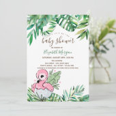 Baby Flamingo Tropical Blätter Baby Shower Einladung (Stehend Vorderseite)