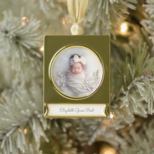 Baby FOTO Ankündigung NAME Timeless Keepake Banner-Ornament Gold (Baum)