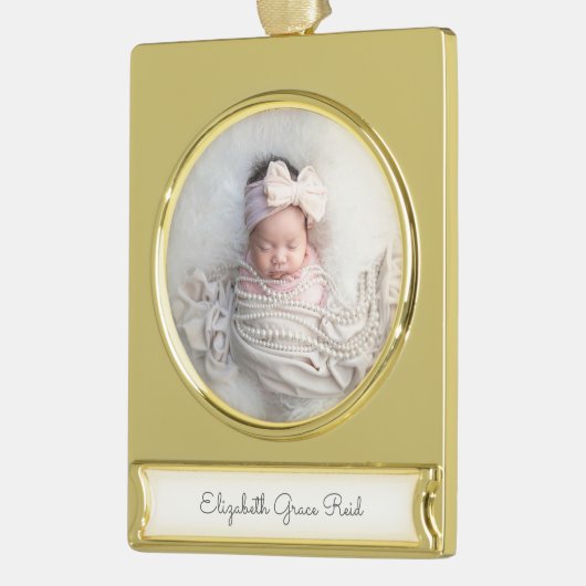 Baby FOTO Ankündigung NAME Timeless Keepake Banner-Ornament Gold (Links)