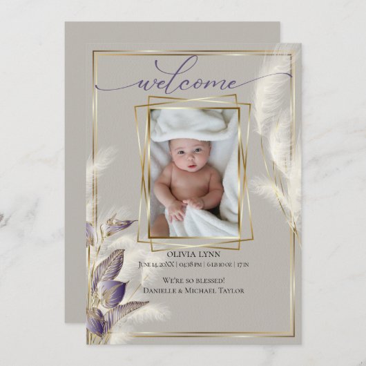 Baby Foto Birth Ankündigung Pampas Grass (Vorne/Hinten)