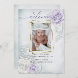 Baby Foto Birth Announcement Blue Lilac Floral Einladung