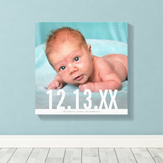 BABY FOTO BIRTH DATUM fett weißes Typüberlagerung Leinwanddruck (Insitu (Holzboden))